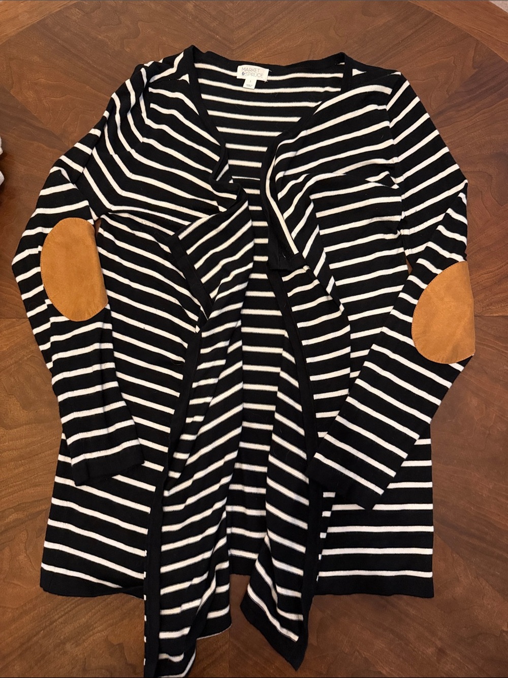 Market & Spruce Striped Open-Front Women's Cardigan with Tan Elbow Patches